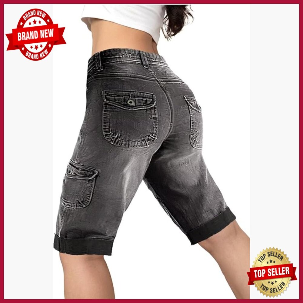 Mid Rise Bermuda Denim Shorts Straight Leg Casual Roll Hem